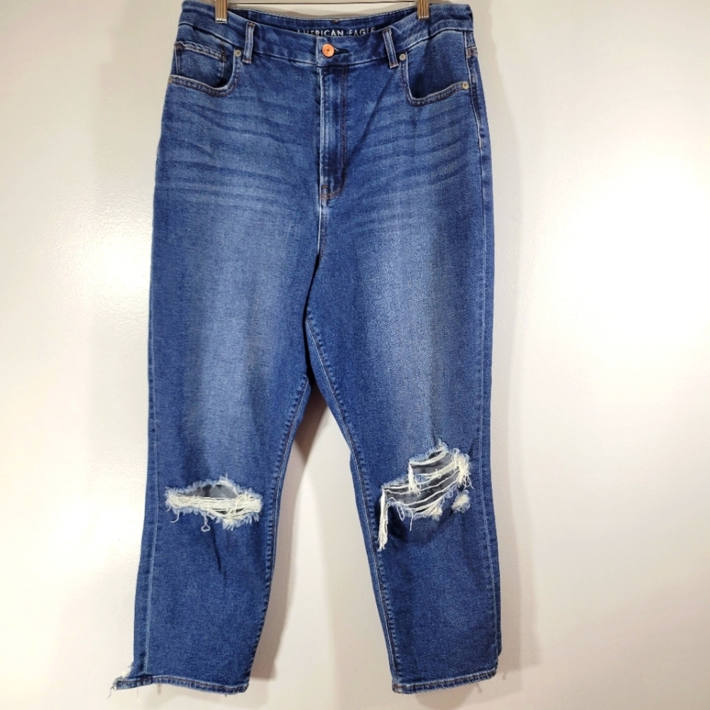 AMERICAN EAGLE Stretch Curvy Mom Jean distressed high rise short plus denim